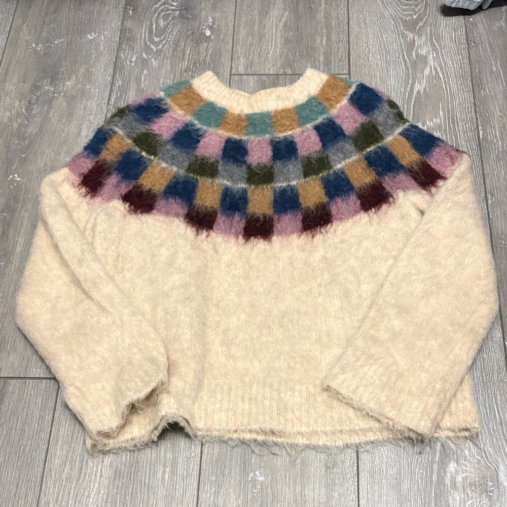 Madewell Cream Sweater with Multicolor Checkered Pattern